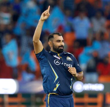 Mohammed Shami celebrating after taking a wicket for GT