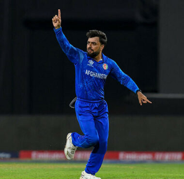 Rashid Khan celebrating after taking a wicket for Afghanistan