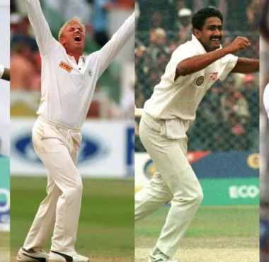 Muttiah Muralitharan, Shane Warne, Anil Kumble and James Anderson celebrating their wickets in Test cricket