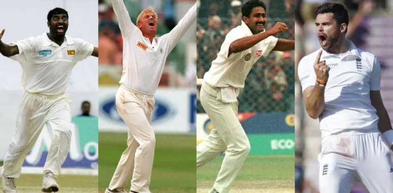 Muttiah Muralitharan, Shane Warne, Anil Kumble and James Anderson celebrating their wickets in Test cricket