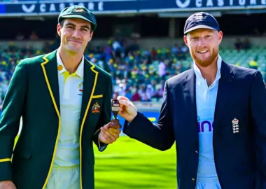 Pat Cummins and Ben Stokes holding and posing with the Ashes trophy ahead of the iconic Australia vs England Test series in 2023