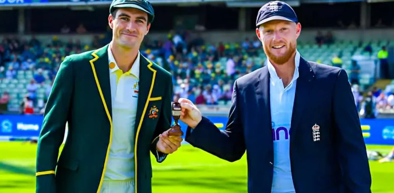 Pat Cummins and Ben Stokes holding and posing with the Ashes trophy ahead of the iconic Australia vs England Test series in 2023