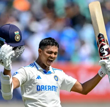 Yashasvi Jaiswal celebrating after scoring a double century against England in 2024