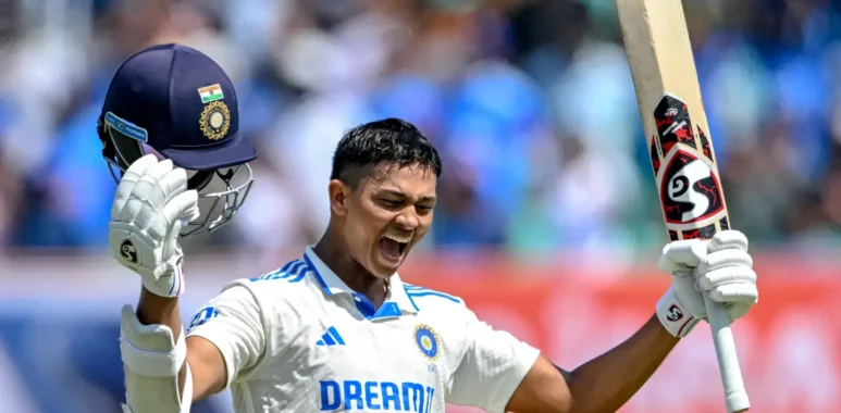 Yashasvi Jaiswal celebrating after scoring a double century against England in 2024