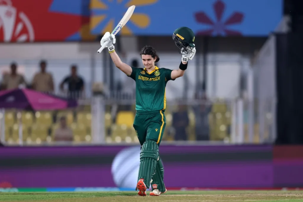 Laura Wolvaardt celebrates her century against England during the 2025 Women's World Cup