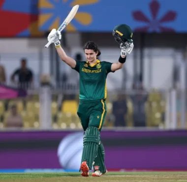 Laura Wolvaardt celebrates her century against England during the 2025 Women's World Cup