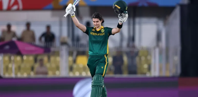 Laura Wolvaardt celebrates her century against England during the 2025 Women's World Cup