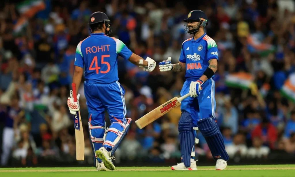 Virat Kohli and Rohit Sharma batting for India during an ODI match against Australia in 2025