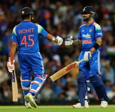 Virat Kohli and Rohit Sharma batting for India during an ODI match against Australia in 2025