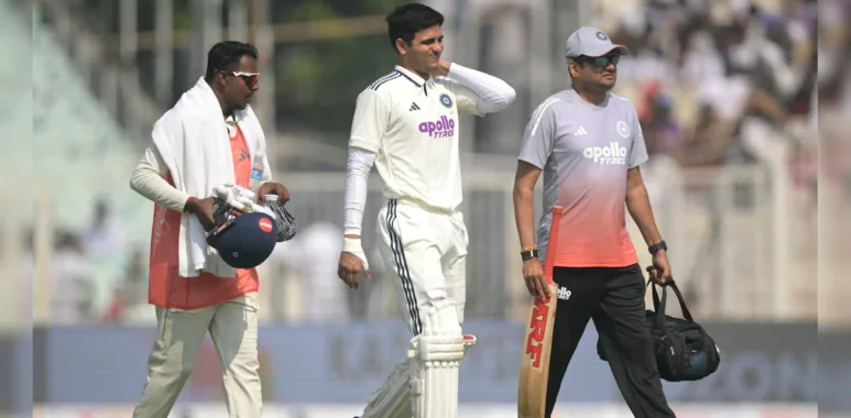 Shubman Gill walking off the field after suffering a neck injury on Day 2 of the Kolkata Test.