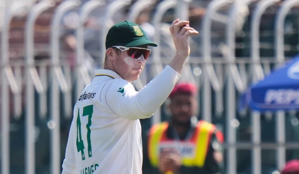 Simon Harmer celebrating against India during the first test in Kolkata