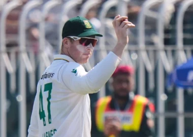 Simon Harmer celebrating against India during the first test in Kolkata