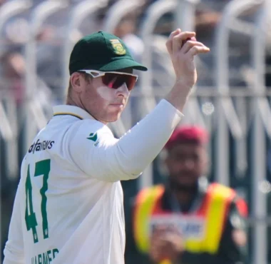 Simon Harmer celebrating against India during the first test in Kolkata