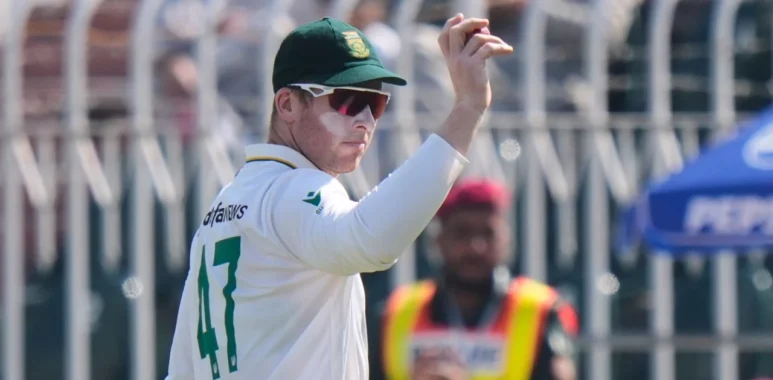 Simon Harmer celebrating against India during the first test in Kolkata