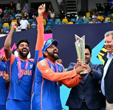 Team India lifting the 2024 T20 World Cup Trophy in Barbados