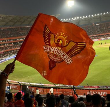 Sunrisers Hyderabad flag waving at the stadium during an IPL match