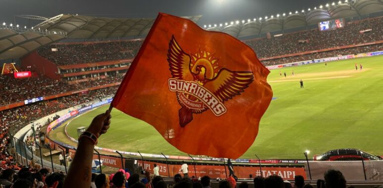 Sunrisers Hyderabad flag waving at the stadium during an IPL match