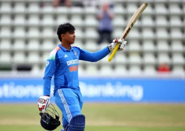 Vaibhav Suryavanshi celebrating after scoring a century in a Youth ODI for Team India.