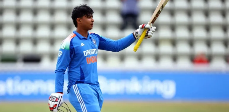 Vaibhav Suryavanshi celebrating after scoring a century in a Youth ODI for Team India.