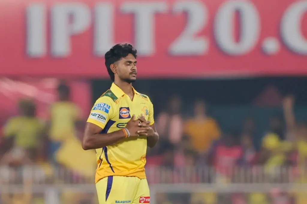 Matheesha Pathirana doing his trademark celebration after taking a wicket for CSK in IPL 2025
