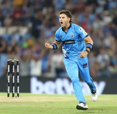 Gideon Peters celebrating a wicket against MI Cape Town