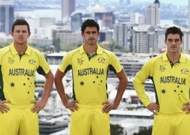 Josh Hazlewood, Mitchell Starc and Pat Cummins pose for a photo in 2015