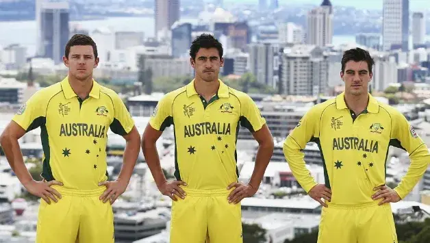 Josh Hazlewood, Mitchell Starc and Pat Cummins pose for a photo in 2015