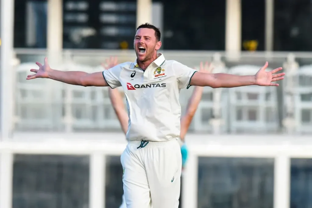 Josh Hazlewood celebrating his 5-fer against West Indies in June 2025