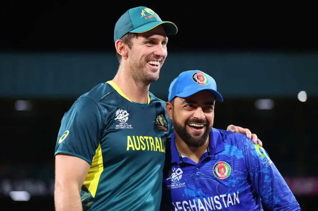 Mitch Marsh & Rashid Khan during the toss at 2024 T20 World Cup