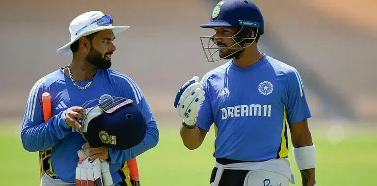 Rishabh Pant and Dhruv Jurel having a chat during India's training session