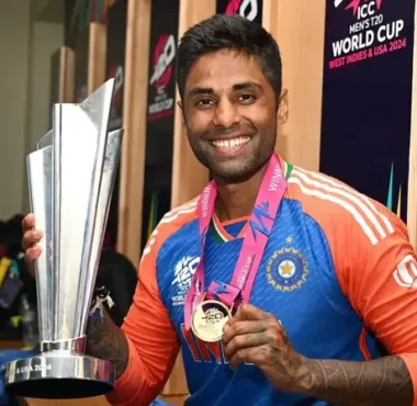 Suryakumar Yadav with the 2024 T20 World Cup trophy and winner's medal