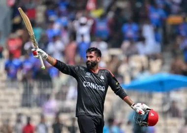 Canada's Yuvraj Samra celebrating his century against New Zealand at the 2026 T20 World Cup