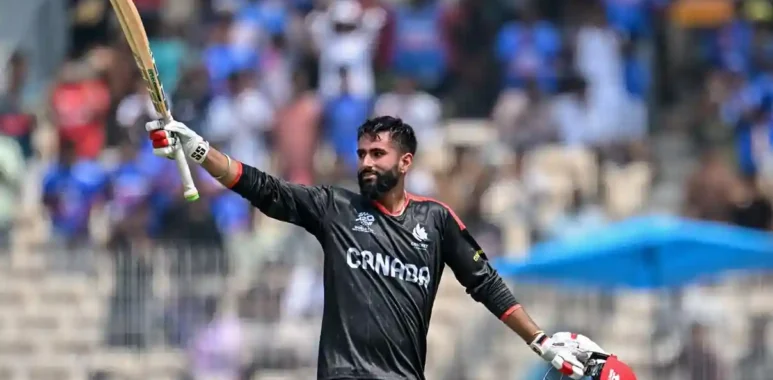 Canada's Yuvraj Samra celebrating his century against New Zealand at the 2026 T20 World Cup