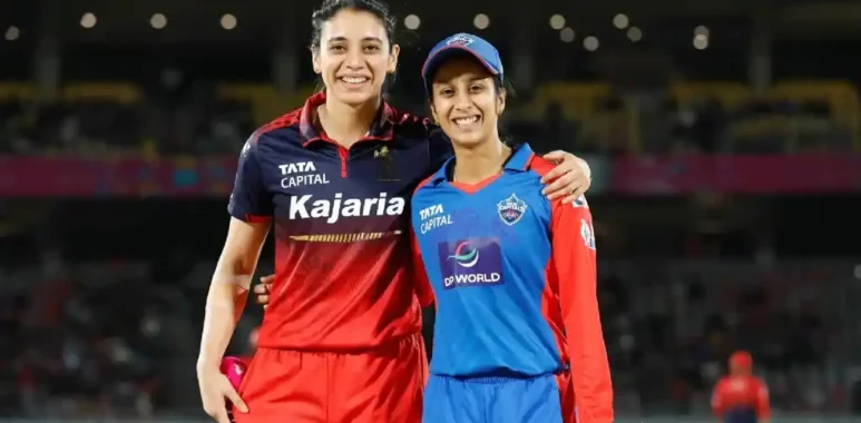 RCB captain Smriti Mandhana and Delhi Capitals captain Jemimah Rodrigues pose for a photo during WPL 2026