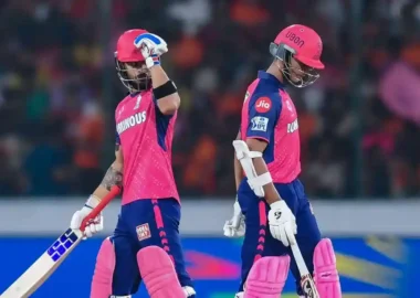 Riyan Parag and Yashasvi Jaiswal batting during an IPL match for Rajasthan Royals
