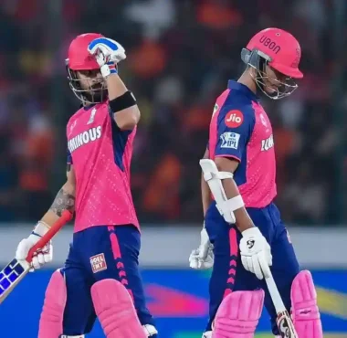 Riyan Parag and Yashasvi Jaiswal batting during an IPL match for Rajasthan Royals