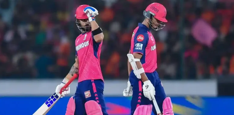 Riyan Parag and Yashasvi Jaiswal batting during an IPL match for Rajasthan Royals