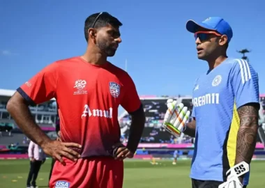 Saurabh Netravalkar and Suryakumar Yadav catch up before the USA vs India match during the 2024 T20 World Cup