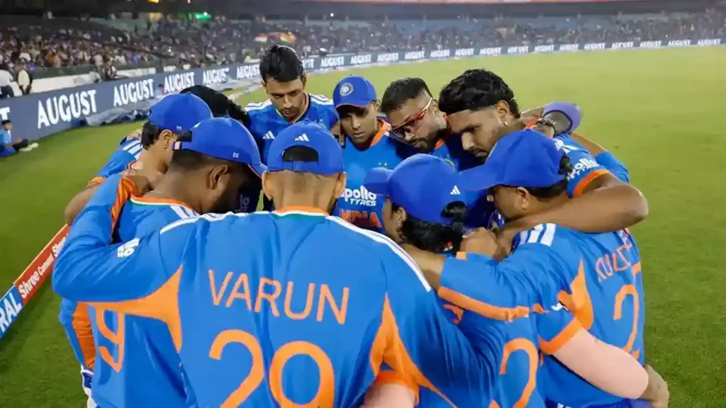 Team India players for a huddle against New Zealand before the 2026 T20 World Cup