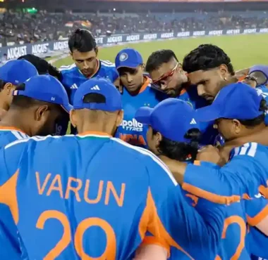 Team India players for a huddle against New Zealand before the 2026 T20 World Cup