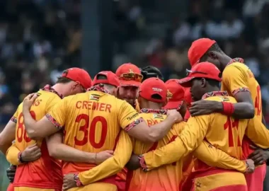 Zimbabwe players in a team huddle before the 2026 T20 World cup match against Sri Lanka