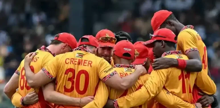 Zimbabwe players in a team huddle before the 2026 T20 World cup match against Sri Lanka