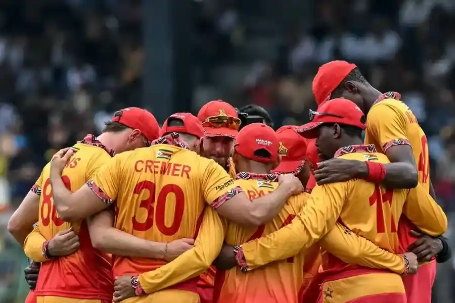Zimbabwe players in a team huddle before the 2026 T20 World cup match against Sri Lanka