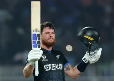 Finn Allen celebrating his century in T20 World Cup 2026 semifinal against South Africa