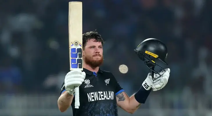 Finn Allen celebrating his century in T20 World Cup 2026 semifinal against South Africa