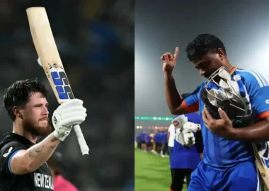 New Zealand's Finn Allen and India's Sanu Samson during 2026 T20 World Cup