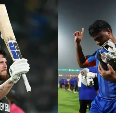 New Zealand's Finn Allen and India's Sanu Samson during 2026 T20 World Cup