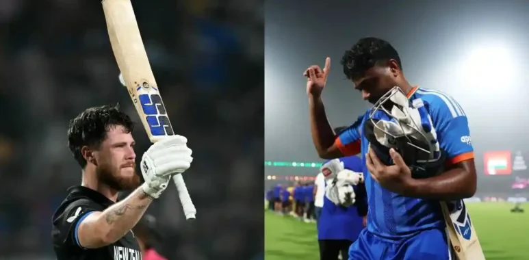 New Zealand's Finn Allen and India's Sanu Samson during 2026 T20 World Cup