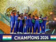 Team India lifting the 2026 T20 World Cup trophy after winning the final against New Zealand in Ahmedabad