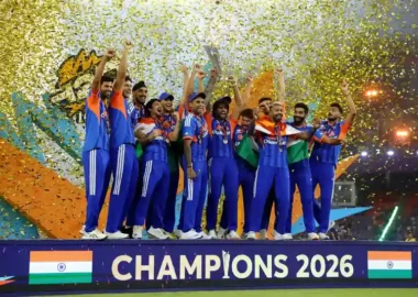 Team India lifting the 2026 T20 World Cup trophy after winning the final against New Zealand in Ahmedabad